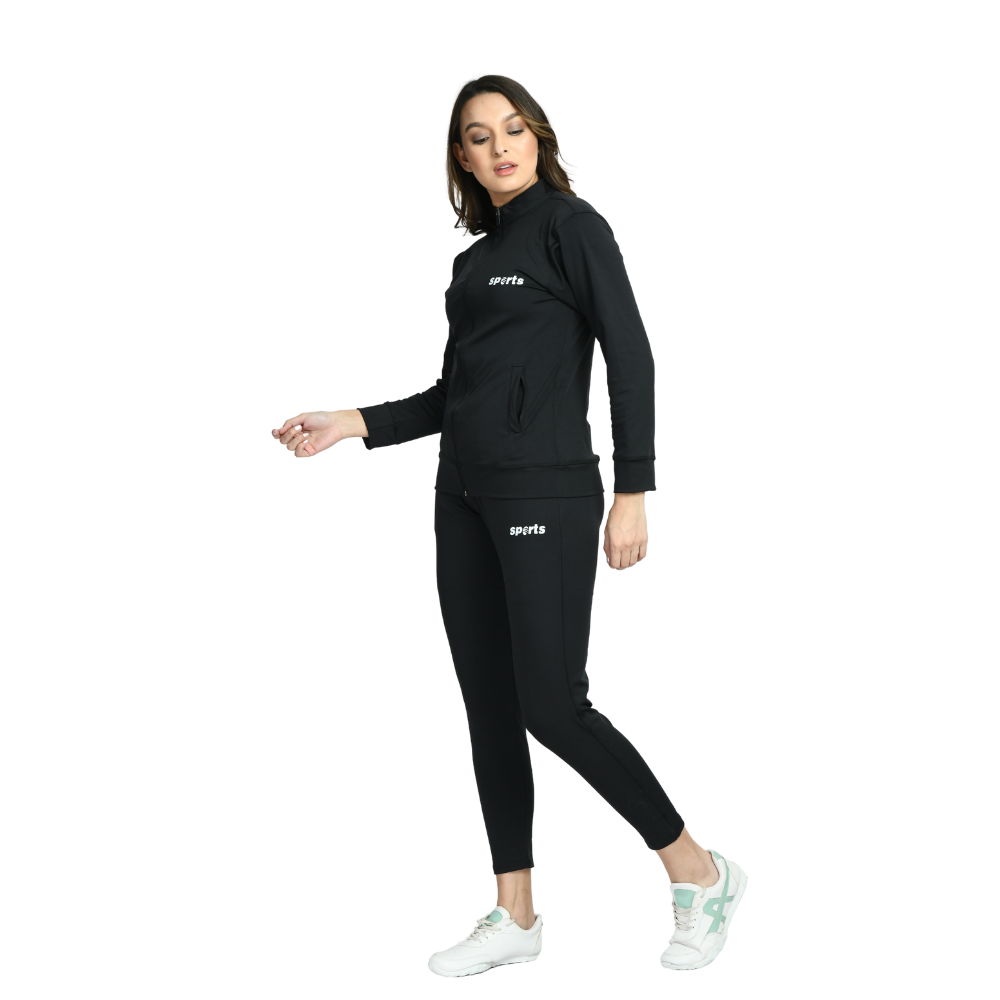 Black Women Zipper Tracksuit for Athletics Jogging Gym and Sports (4 Way Lycra)