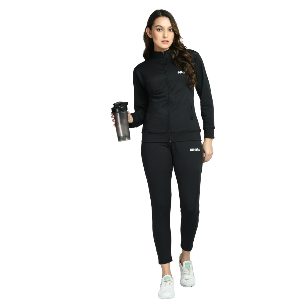 Black Women Zipper Tracksuit for Athletics Jogging Gym and Sports (4 Way Lycra)