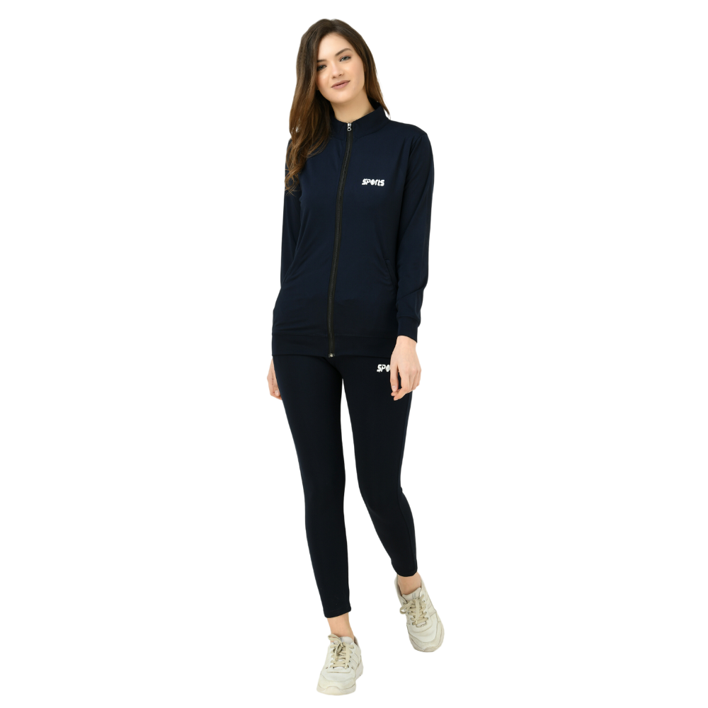 Navy Blue Women Zipper Tracksuit for Athletics Jogging Gym and Sports (4 Way Lycra)