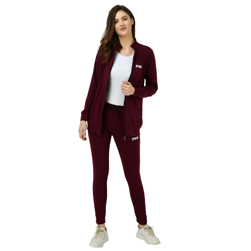 Maroon Women Zipper Tracksuit for Athletics Jogging Gym and Sports (4 Way Lycra)