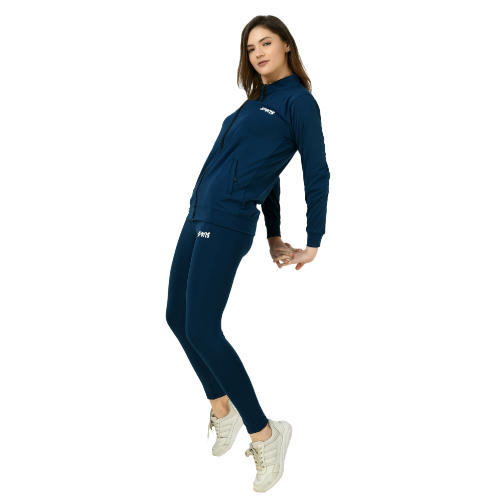 Blue Women Zipper Tracksuit for Athletics Jogging Gym and Sports (4 Way Lycra)
