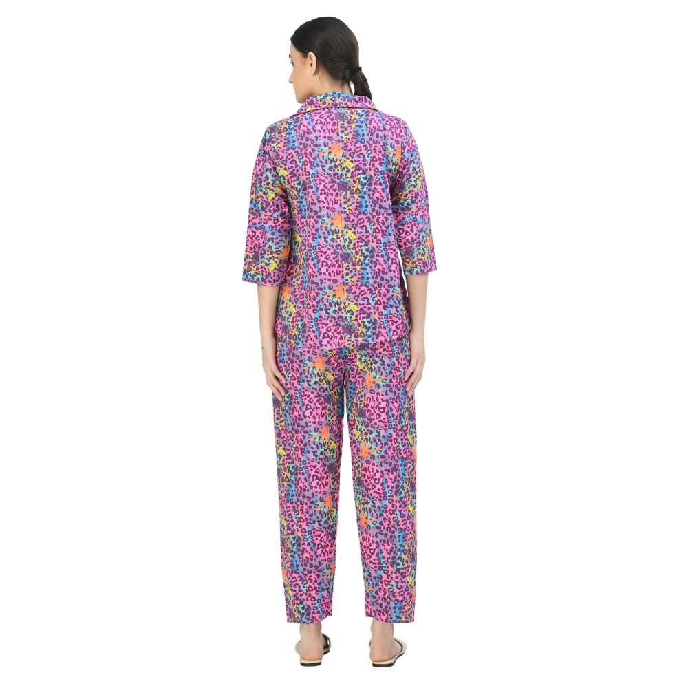 Women's Poly Twill digital Printed Night Suit Set of Shirt & Pyjama