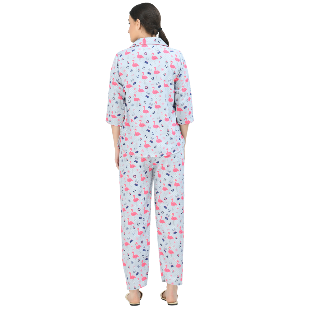 Women's Poly Twill digital Printed Night Suit Set of Shirt & Pyjama