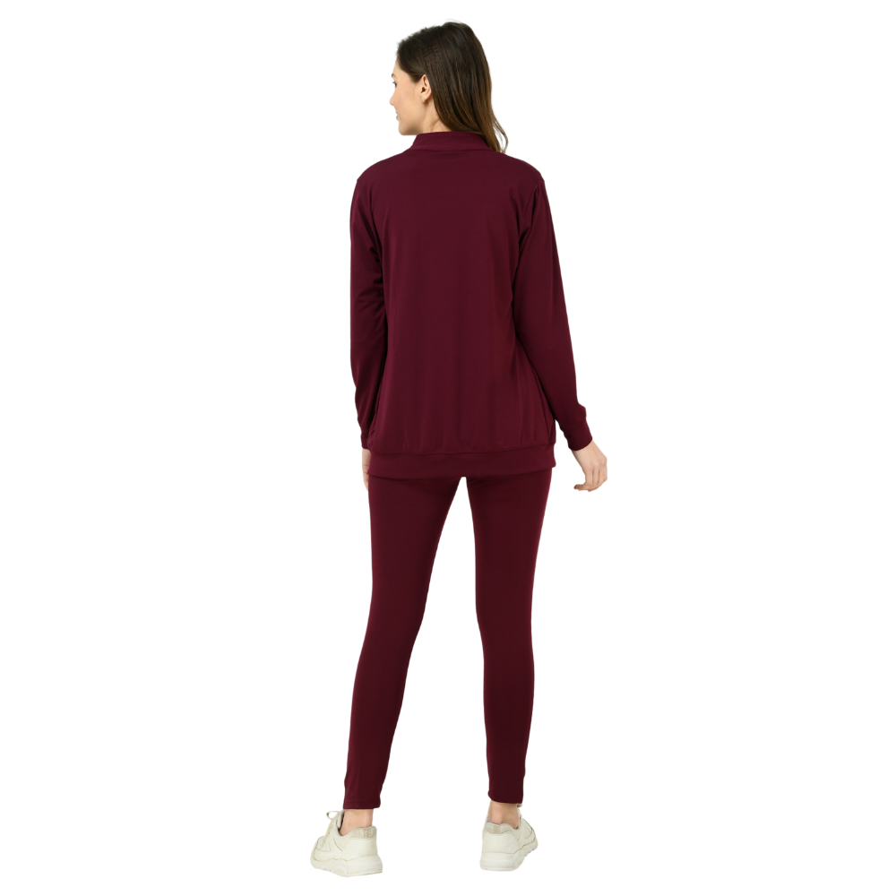 Maroon Women Zipper Tracksuit for Athletics Jogging Gym and Sports (4 Way Lycra)